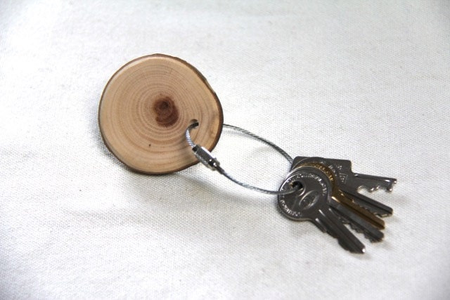 wood keychain - with screw on steel cable - made with sycamore