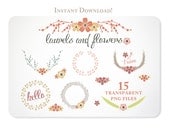 Laurels and Flowers Design Elements - Instant Download - Free Clipart w order