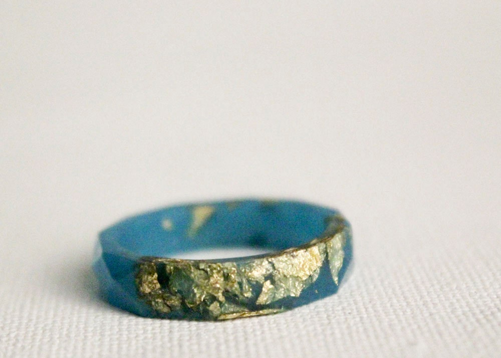 teal and gold size 9.5 thin multifaceted eco resin ring
