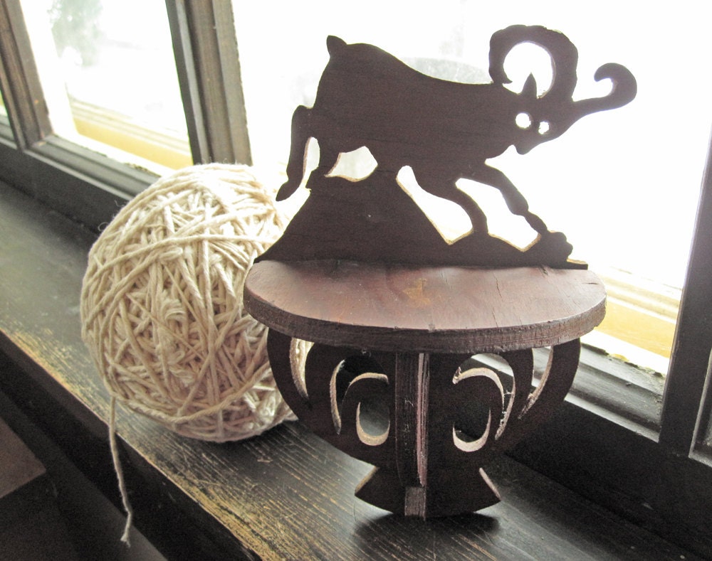 Vintage goat or ram wall sconce, small shelf, handmade wood, Capricorn, primitive rustic art nouveau, tea light or votive candle holder