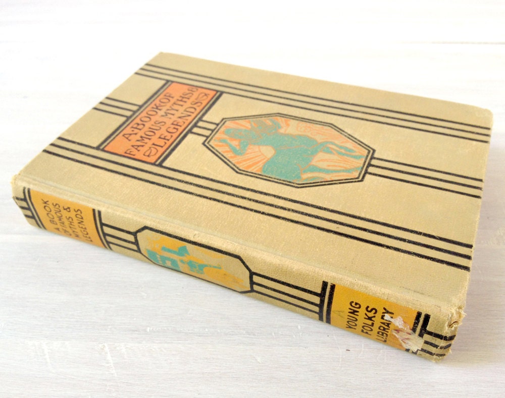 A Book of Famous Myths and Legends, Young Folks' Library series, children's stories, 1950s, tan, orange, black stripes, centaur, vintage