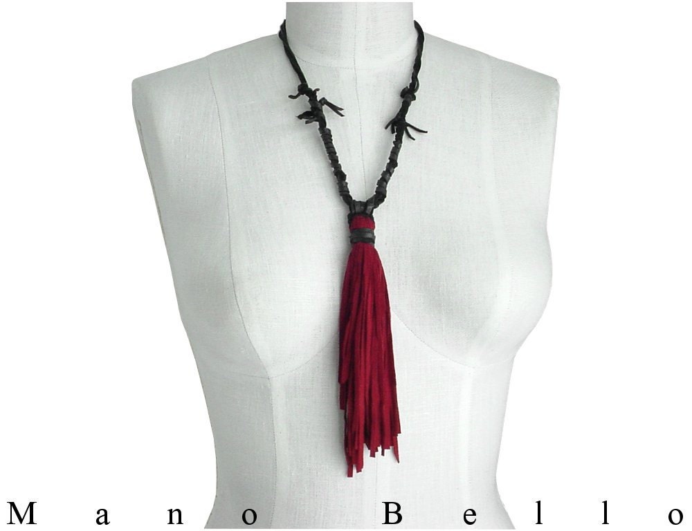 Red Suede Tassel Leather Necklace Rope, only one