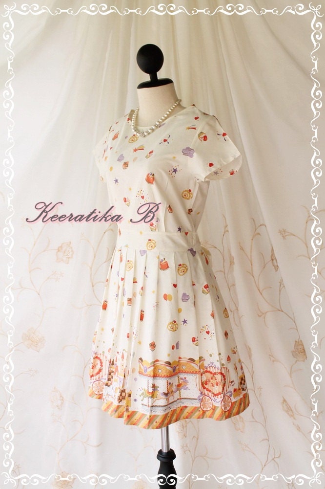 Sweet Spring Time - Spring Summer Collection Sweet And Cutie Fairyland Print Cotton Party Dress Pale Ivory Pinkish Print