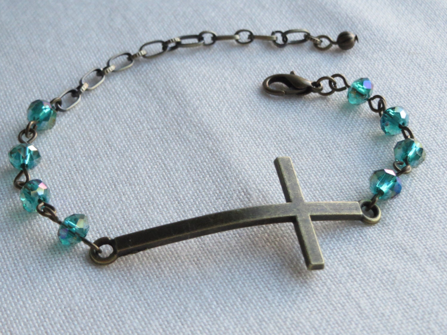 Brass Cross Charm Bracelet - Glass Beads - Topaz Amber - Green Emerald - Maroon Purple - Gold Tone Chain - One Size Fits  B100