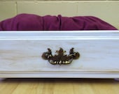 White and Burgundy Pet Bed Upcycled from a Drawer Overstuffed Pillow Faux Aged - OOAK