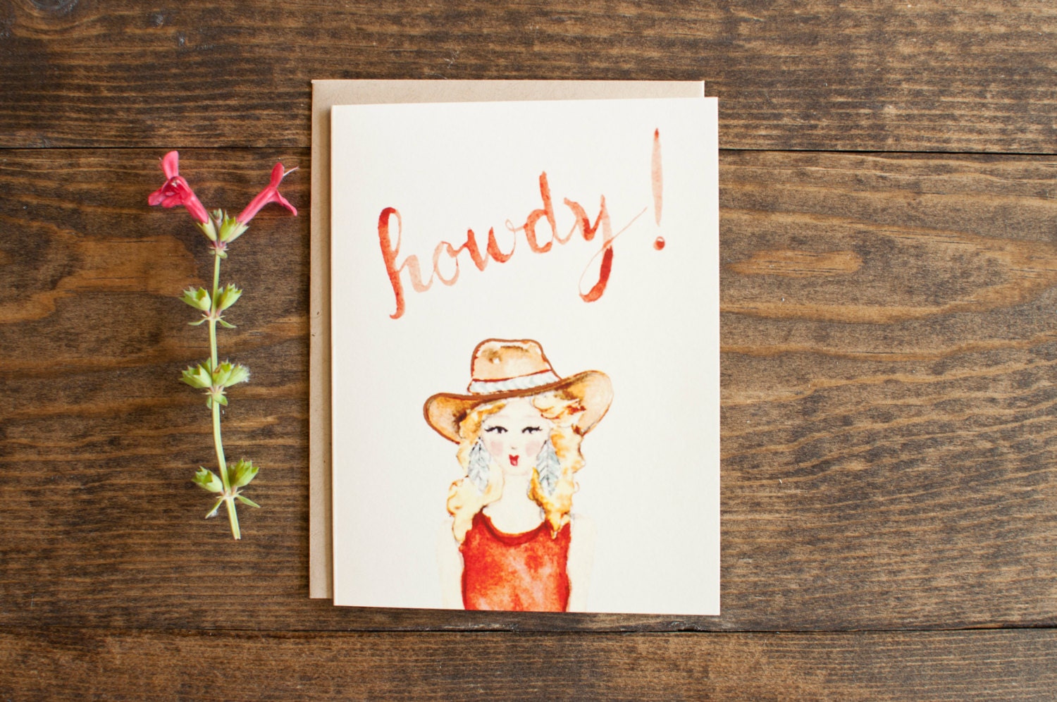 Howdy illustrated card, southwestern hippie cowgirl texas southwest hello card