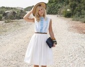 VTG 1950s 50s Vicky Vaughn White Pleated Sun Dress w/ Blue Embroidery M