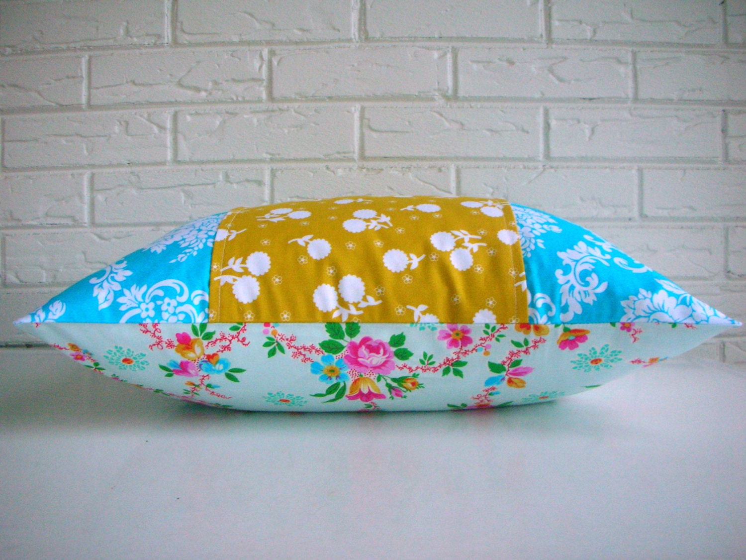 Colorful Floral Pillow Cover - Decorative Pillow - Blue Mustard Pink White Boho Decor - Girls Nursery