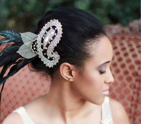 Feather Fascinator Jeweled Headpiece Black, White, Gold Dalmatian - CRUELLA
