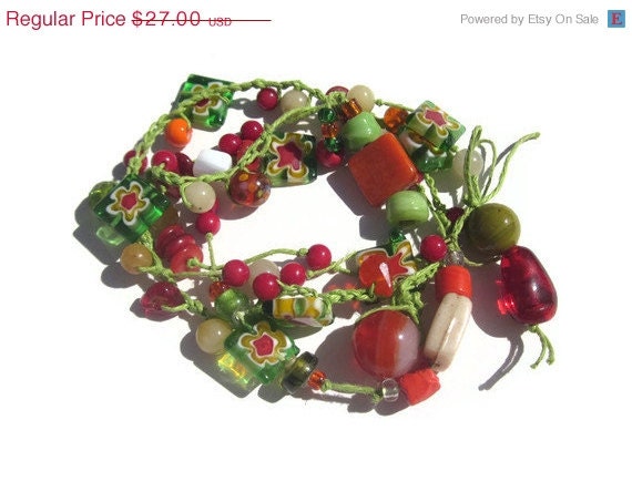 Spring Savings Sale Coral, Lampglass, Gemstone and Hemp and beaded crochet multipurpose necklaceTAGTMCTT