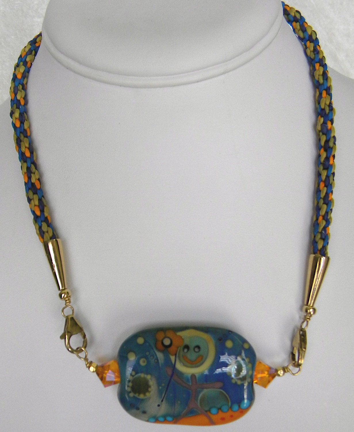 Silk Cord Kumihimo Braided Necklace with Melanie Moertel Lampwork Bead w/ Person, Fun, Funky  & Vibrant Colors - Orange, Blue, Green