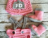 Firefighter Helmet in Pink, Gray and White with Matching Boots and Diaper Cover in 0-3 Month Size- MADE TO ORDER