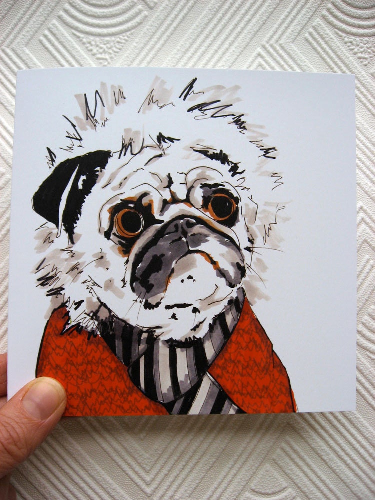 Winter Wooly Pug - Pug illustration - Square blank greeting card