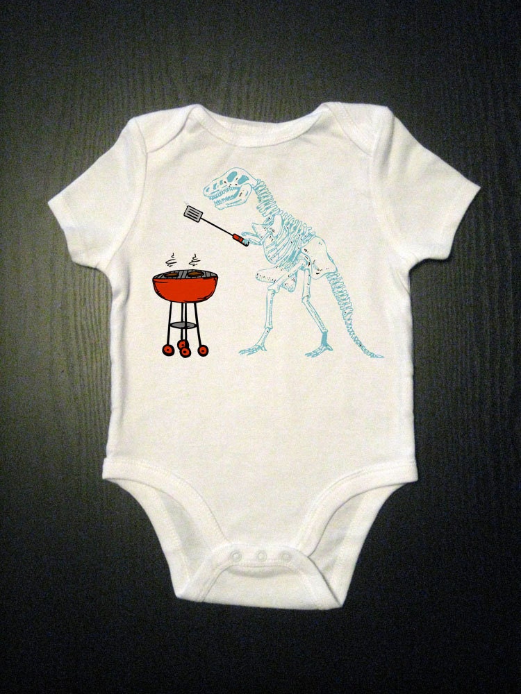 Dinosaur Grill - Funny Dino Layette - Dino Doing People Stuff One Piece Baby Bodysuit - Baby and Toddler and Kid's Clothing