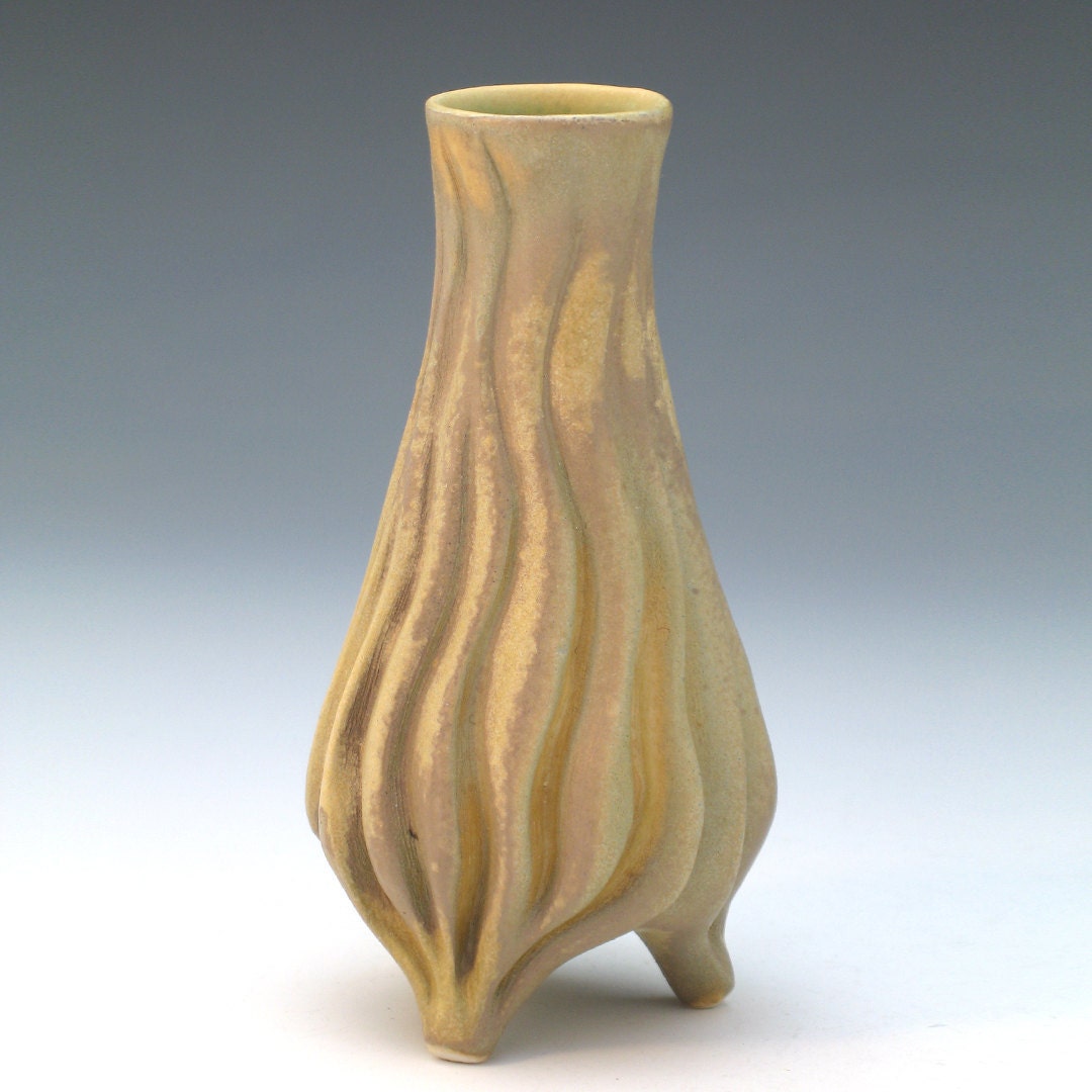 Narrow tan grooved porcelain bud vase