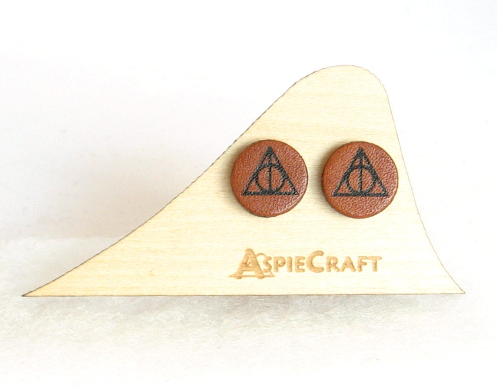Chestnut Leather Deathly Hallows Stud Earrings - Harry Potter - Surgical Stainless Steel Posts