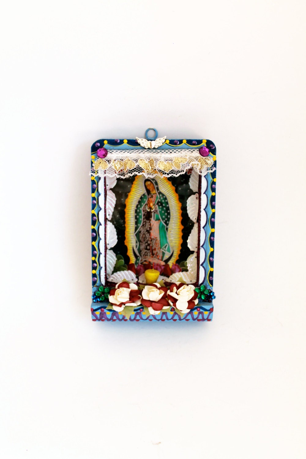 Mexican folk art Our Lady of Guadalupe wooden nicho with shelf and glass front / blue shades / Mexican folk art / Kitsch fun colorful