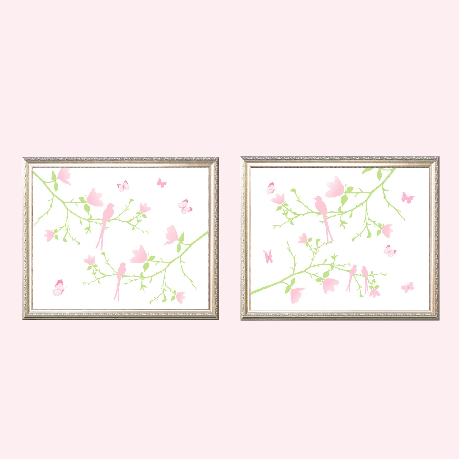 Butterflies and Birds on Magnolia branches - In Pink and Green Set of 2 prints 8x10, baby shower gift, girl decor