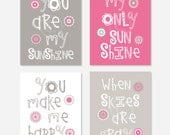 Pink and Gray Dahlia Nursery Wall Art, Playroom Art - You Are My Sunshine 8x10 nursery decor, baby shower gift, girl colors