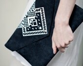Envelope Bag Geometrical Illusion Leather Suede Dark with White No. EB-1011