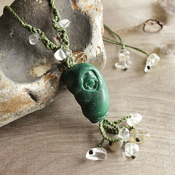 Malachite jewelry - Gold Rutile Quartz, clear Quartz, Botswana Agate, crystal healing necklace without metal, green macrame, EMF protection
