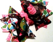 Girls Boutique Layered Hair Bow - Cute Owls - Brown, Pink, Blue, Green, Owl, Spring