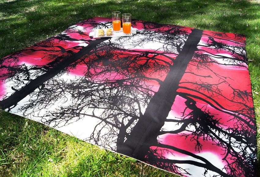 WATERPROOF Organic Picnic Blanket / Trees Sunset Natural Outdoor Fabric / Extra Large Size / Eco Friendly / Ready To Ship