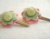 Two Green and Pink Felt Flower Hair Clips Pack of 2 Green Hair Slides