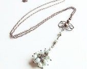 blue pearls necklace - retro, classy, long wire wrapped copper necklace with blue pearls