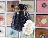 Crocheted Baby Hat - Charcoal Gray with Material Flower - Newborn