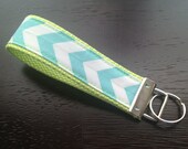 Fabric wristlet keychain, key fob - Aqua chevron