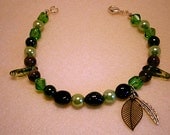 Green, Blue goldstone, Amethyst, Goddess Bracelet handmade with Glass Beads with Angel Feather,  Mother Earth Leaf, Tournaline gems
