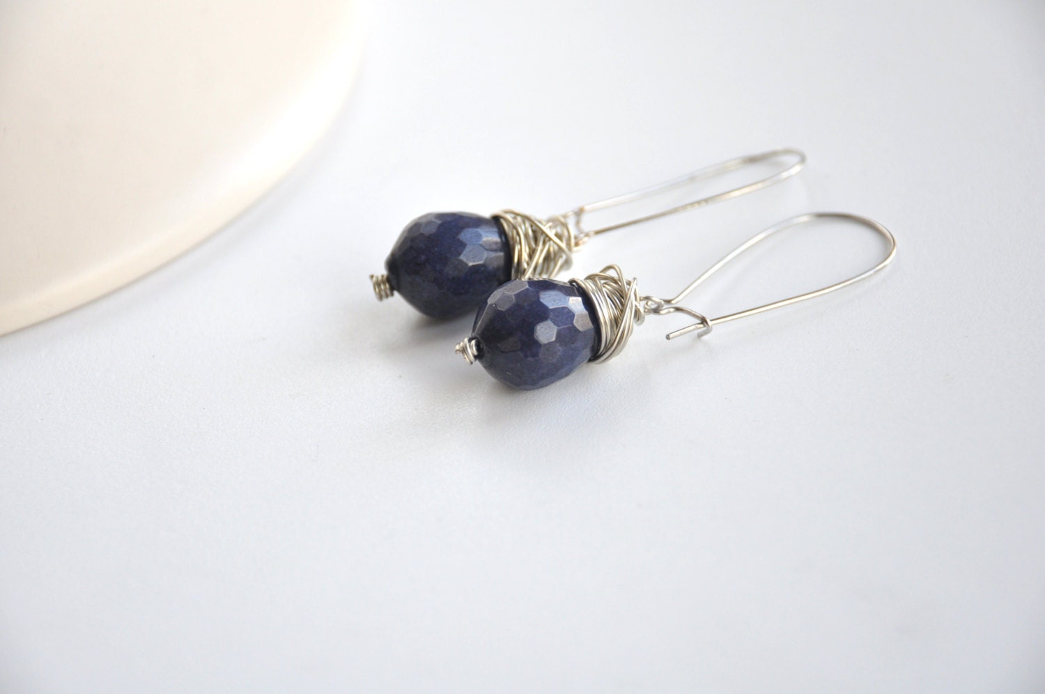 dark blue  agate earrings, wire wrap earrings  ,delicate jewelry