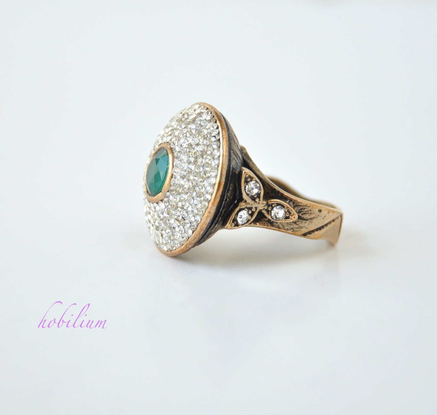 emerald Vintage Ottoman Style Dome Ring with Rhinestones