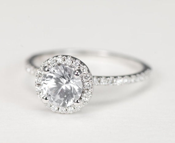Certified Premium White Sapphire Diamond 14k Rose White or Yellow Gold Halo Engagement Ring