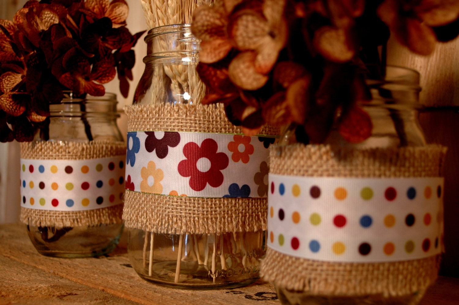 Flowers and Polka Dots set of 3 Mason Jars decorated with ribbon and burlap table decor table centerpiece