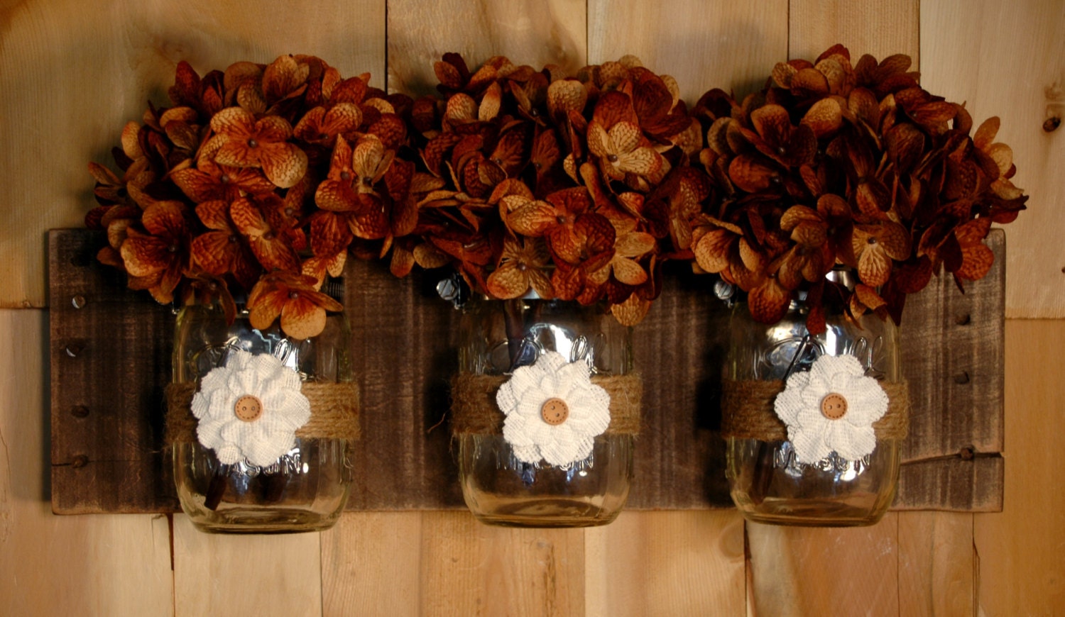 White and Wood Buttons mason jar trio on recycled board for Spring and Summer wall decor