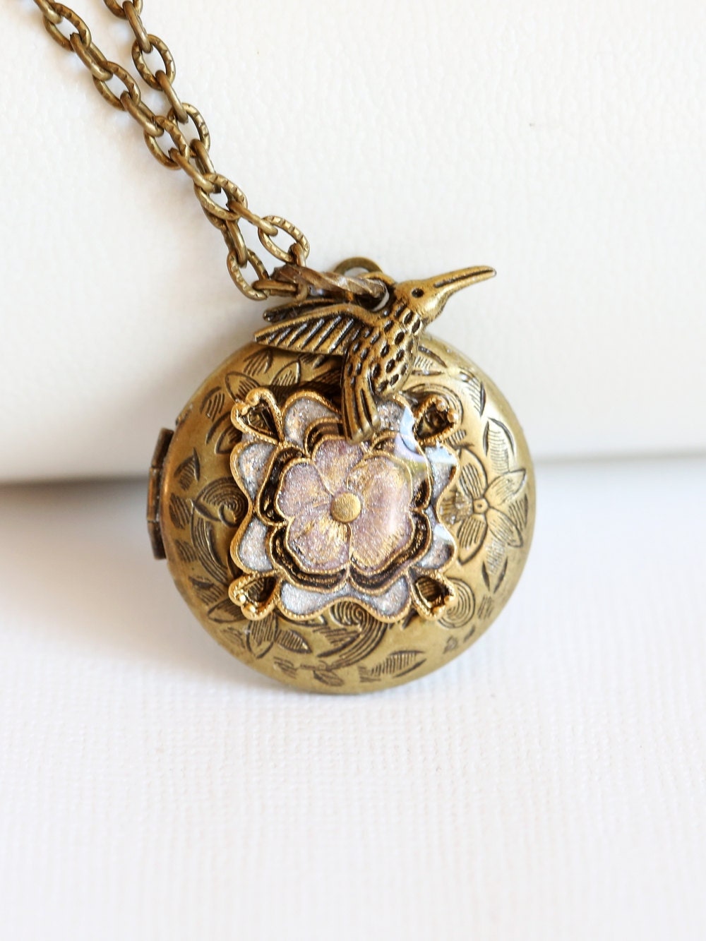 Hummingbird Locket, Cherry Blossom Locket,Pearl White Locket,filigree locket necklace,resin locket,photo locket , brass locket,32mm Locket