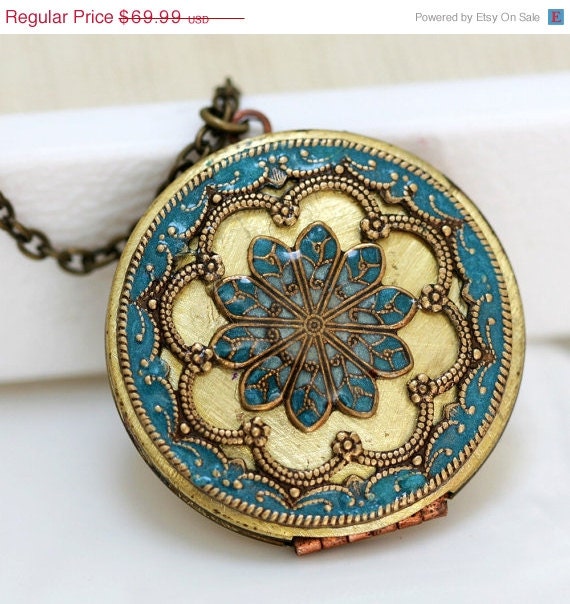 ON SALE Locket, turquoise blue locket,filigree locket necklace,resin locket,photo locket , brass locket - vintage brass filigree turquoise,