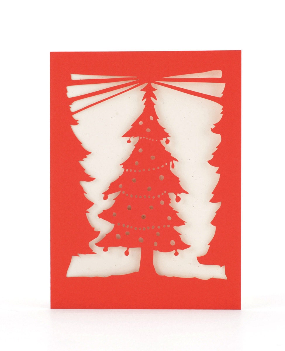Christmas Tree - Red - Paper Cut Holiday Greeting Card
