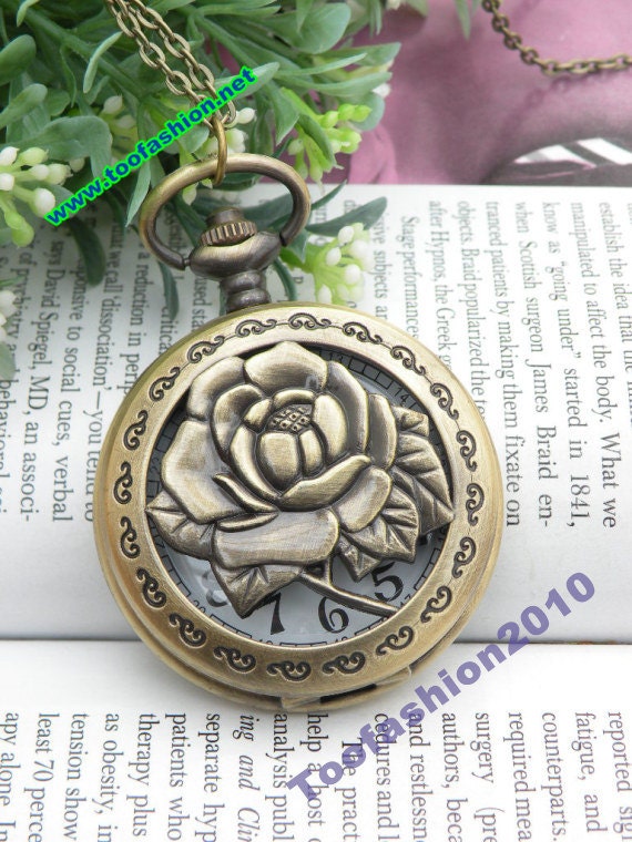 Retro copper rose flower pocket watch necklace pendant jewelry vintage style