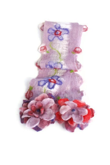 Felt scarf with felt flowers pink lilac green