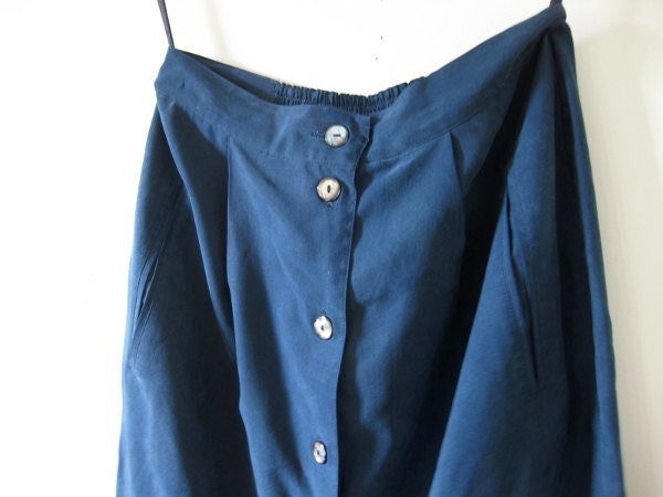 Silk Vintage Blue Full Length Maxiskirt Shell Buttons Pockets Size Small