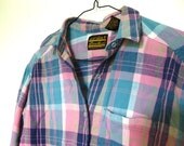 Vintage Eddie Bauer Flannel Plaid Womens Shirt Size Medium Made in USA Pink Blue