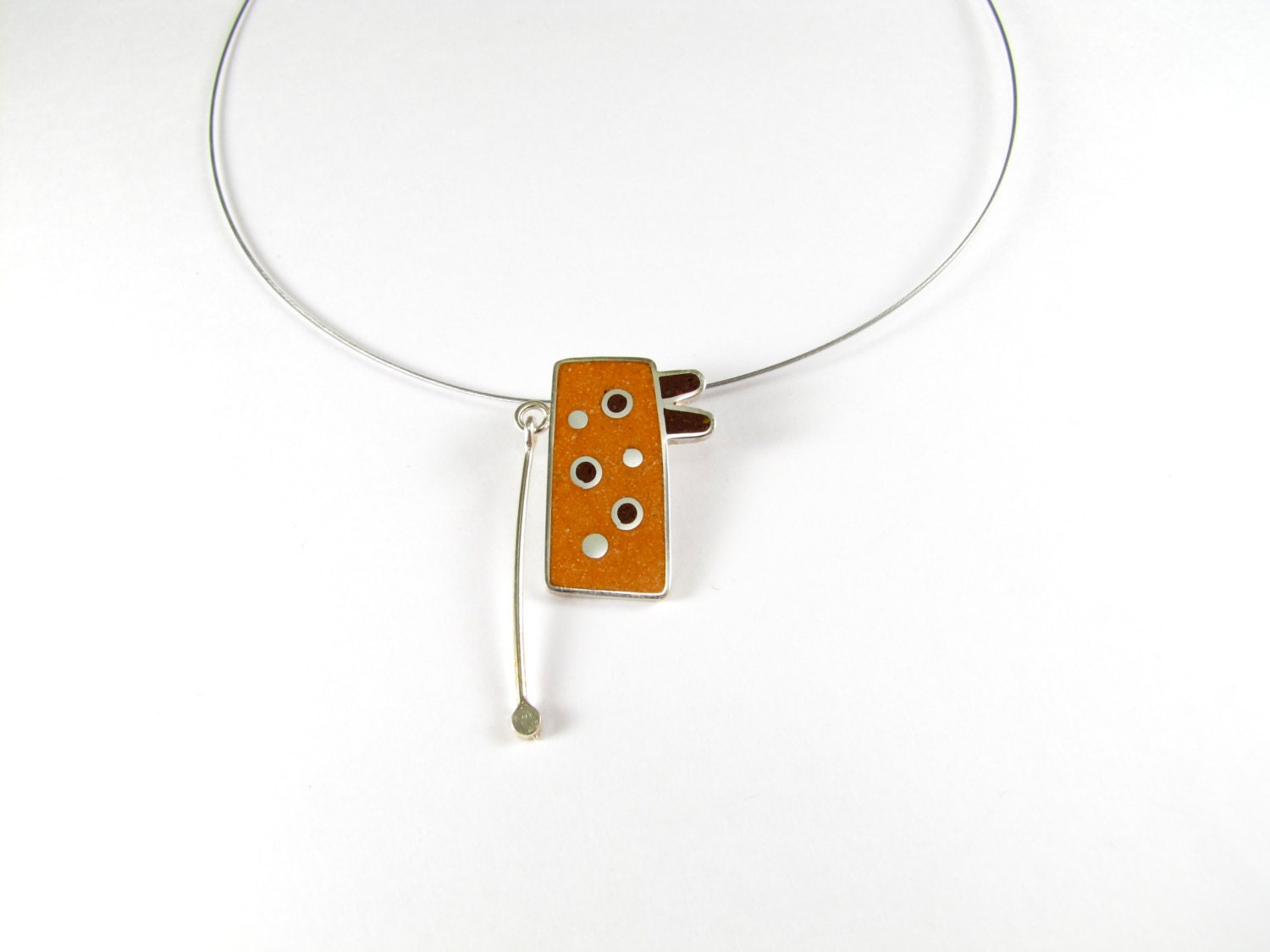 Sterling Silver Pendant - Chocolate and Orange - Geometric Design  - Contemporary Jewelry - OOAK