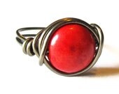 Wire Wrapped Ring - Red Gemstone Jewelry, Gunmetal Wire Wrapped Gothic Jewelry