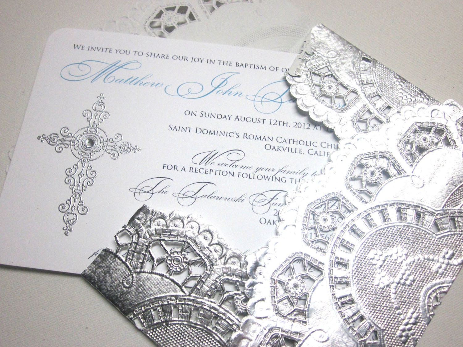 Baptism Invitations - silver lace envelopes - SAMPLE
