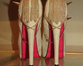 High Heel Platform Spiked Women Shoes Nude with Hot Pink  size 8...A SpikesByG Design