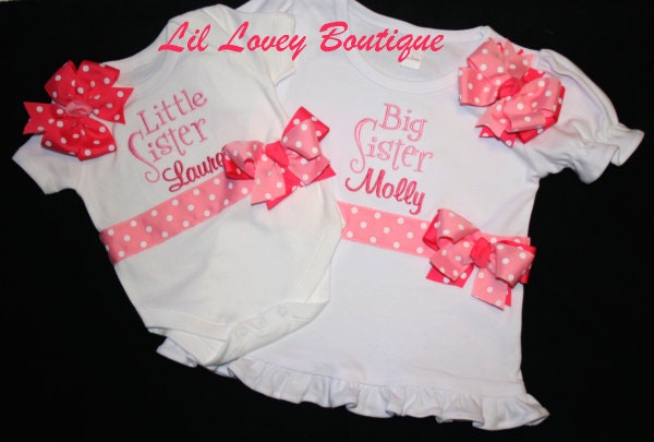 Personalized 4PC. "PINK SWEETNESS" Big Sister/Little Sister T-Shirt, Bodysuit With Matching Hair Bows For Baby Girl and Toddler