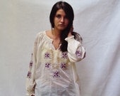 70s PEASANT Blouse Top Sm S Med M Vintage Bohemian Peasant Embroidered Top Paper Thin Blouse Hippie